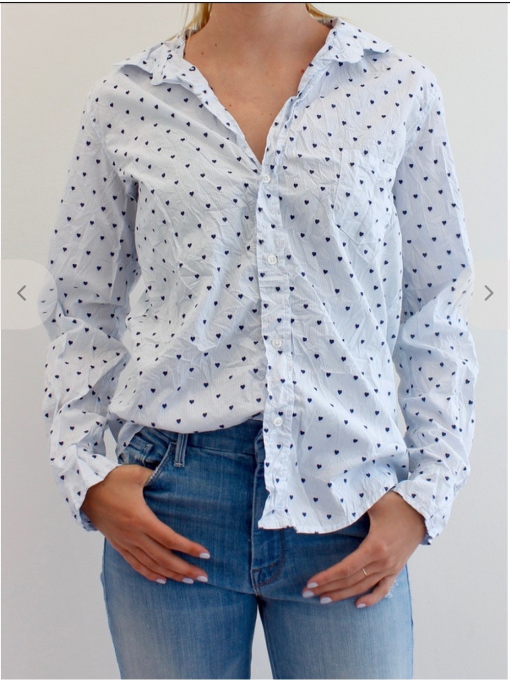 Frank & Eileen Barry Crinkle Cotton Button-Down Shirt Blue Striped/Mini Heart💓-M